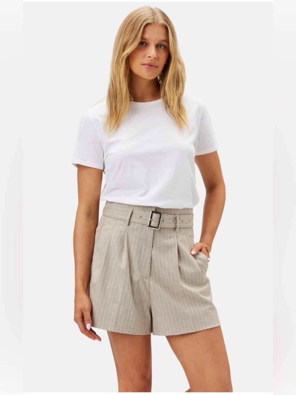 Amour Vert Belted Pinstripe Linen Blend Shorts Neutral Beige Pleated High Waist